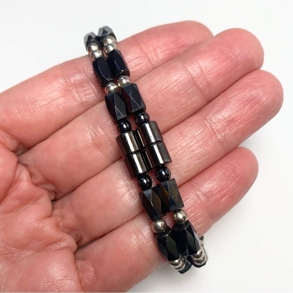 Art Deco Style Silver Tone Rhinestone Double Strand Magnetic Hematite Bracelet‎ - Picture 3 of 9